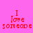 A static image with a bright pink background and red pixelated text reading "I love someone" arranged in three lines, overlaid by yellow rectangular bars.