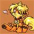 Pixelated character with light brown hair and large eyes, wearing a yellow top and orange pants, standing against a solid brown background with a small white bubble to the left.