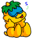Yellow cartoon character with green palm fronds on head, blue sunglasses, and red lips in two poses against gray background.