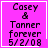 Four identical pink square icons with white borders display black pixelated text reading "Casey & Tanner forever 5/2/08"; the bottom-right icon has a white plus sign in the corner.