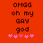 Red background with black pixelated text reading "OMGG oh my GAY god" and five pink heart symbols below, where the third heart is lighter than the others.