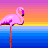 Pixelated 48x48 animated buddy icon featuring a pink flamingo on water against a sunset sky, paired with green text logo on dark background in contact sheet layout