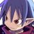 Pixelated anime-style character face with purple hair, red eyes, and a pinkish-red outfit against a blue background.
