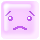 Pixelated purple square with white eyes and zigzag eyebrows; left frame shows downturned mouth, right frame shows straight mouth.
