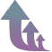 Pixelated arrow icons in purple and teal gradients with varying sizes and arrangements on white background.