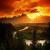 Pixelated sunset scene with orange and yellow sky reflecting on dark water, featuring a bright sun and faint white light trails.
