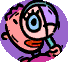 A cartoon character with pink skin and purple hair holds a magnifying glass, transitioning from examining to smiling while the lens displays text.