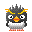 Pixelated penguin with spiky gray head, yellow-orange eyebrows, orange beak, white chest, gray body, red checkered feet, and black eyes with white pupils.