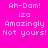 Pixelated text on bright pink background with white and light pink lettering, showing four variations of the phrase "Ah-Dam! iza Amazingly Not yours!" in a