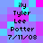 Pixelated text on a blue and purple checkered background with pink accents, showing repeated names and date.
