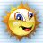 A pixelated sun-shaped icon with a smiling face, blue eyes, and orange-yellow rays against a light blue striped background.