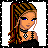 Pixel art of a character with braided hair and blue eyes, wearing black clothing and a choker necklace, next to text blocks reading "sure guys like blondes" and "but they luv burnets".