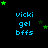 Blue text reading 'vicki gel bffs' appears on a black background with green stars scattered around, some of which move position across frames.