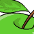 Green cartoon character with closed eyes, pink tongue, and brown stick-like object near its head.