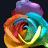 Pixelated rainbow rose with purple top, surrounded by text fragments on white and dark backgrounds.
