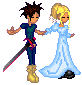 Pixel art of two characters holding hands, one in dark blue with a sword, the other in a light blue dress, on a gray background.