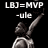 Pixelated black background with white text 'LBJ=MVP -ule' above a grayscale figure holding a long object aloft.