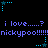 Animated pixel art with blue text and stars on black background, repeating 'i love....? nickypoo!!!!!!' in two