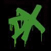 Green and cyan X-shaped icons with dripping effects on black background, animated to change color and shape across frames.