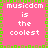 Pixelated pink background with green border and repeated white text "musicdm is the coolest" in four quadrants.