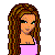 Pixelated image of a woman with long brown hair wearing a pink top, blue jeans, and a pink headband, with pink text below.