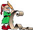 Pixelated elf in green tunic and red shoes holds scroll with feather quill, head turned right, gray background.
