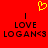 Red background with yellow heart symbol above two identical text blocks reading LOVE LOGAN<3 in black pixelated font.