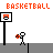 A 4x3 contact sheet of a pixel-art basketball animation showing stick figures and hoops across 12 frames with orange text labels.