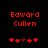 Red pixelated text 'Edward Cullen' above two of red and dark red heart symbols on a black background