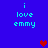 Blue background with cyan text 'i love emmy' and red heart symbols in different positions across frames.