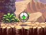 Pixel art scene with a circular target-like icon on rocky terrain, green foliage to the left, and purple smoke in the background.