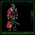 Pixel art character in red and green attire with blue headwear, standing against a dark background framed by decorative borders.