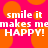 Pixelated text on a bright pink background with orange circular shapes, displaying "smile it makes me HAPPY!" in white letters.