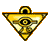 Triangular golden pendant with eye symbol and looped top, displaying four animation states showing light effects on right side.