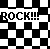 Black-and-white pixelated checkerboard pattern with bold text reading "ROCK!!!" in the center.