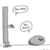 A grayscale cartoon scene with a tall vertical structure, two speech bubbles containing unreadable text, and a rounded object on the ground.