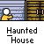 Animated contact sheet of 14 frames showing a yellow stick figure character in various poses and actions within a haunted house setting, with repeated "Haunted House" text labels.