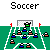 Pixelated soccer game animation showing players on a green field with goalposts, progressing from active play to empty field and text "No!!".