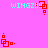 Pixelated icon with cyan text and red geometric shapes on a pink background, showing animation changes in shape positions.