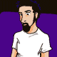 Animated sequence of a bearded man in white shirt interacting with other characters against purple background.