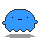 A contact sheet of seven pixel art frames showing a blue ghost-like character with subtle pose and expression changes across the animation sequence.