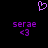 Purple pixelated heart symbol above two identical purple text blocks reading 'serae' with '<3' below each on a black background.