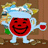 Pixelated character with red circular face, white body, and blue accents holding a small cup of red liquid against brown background.