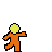 Pixelated orange figure with yellow head in running pose, repeated across on gray background with text labels and stylized question marks
