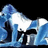 Blue and white cartoon character with large eyes, black mouth, and blue limbs in a crouching pose against black background.
