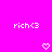 Pixelated text 'rich<3' appears twice on a bright pink background with two white heart symbols below.