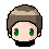 Pixel art head with brown hair, green eyes, and black collar showing three facial expressions on gray background.