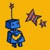 Blue robot with antenna and star-shaped objects on yellow background.