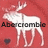 White moose silhouette on red background with 'Abercrombie' text and small dark heart, showing animation change in the rightmost frame.