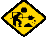 Yellow diamond-shaped warning sign with black border showing a worker digging, animated to change size and orientation across frames.